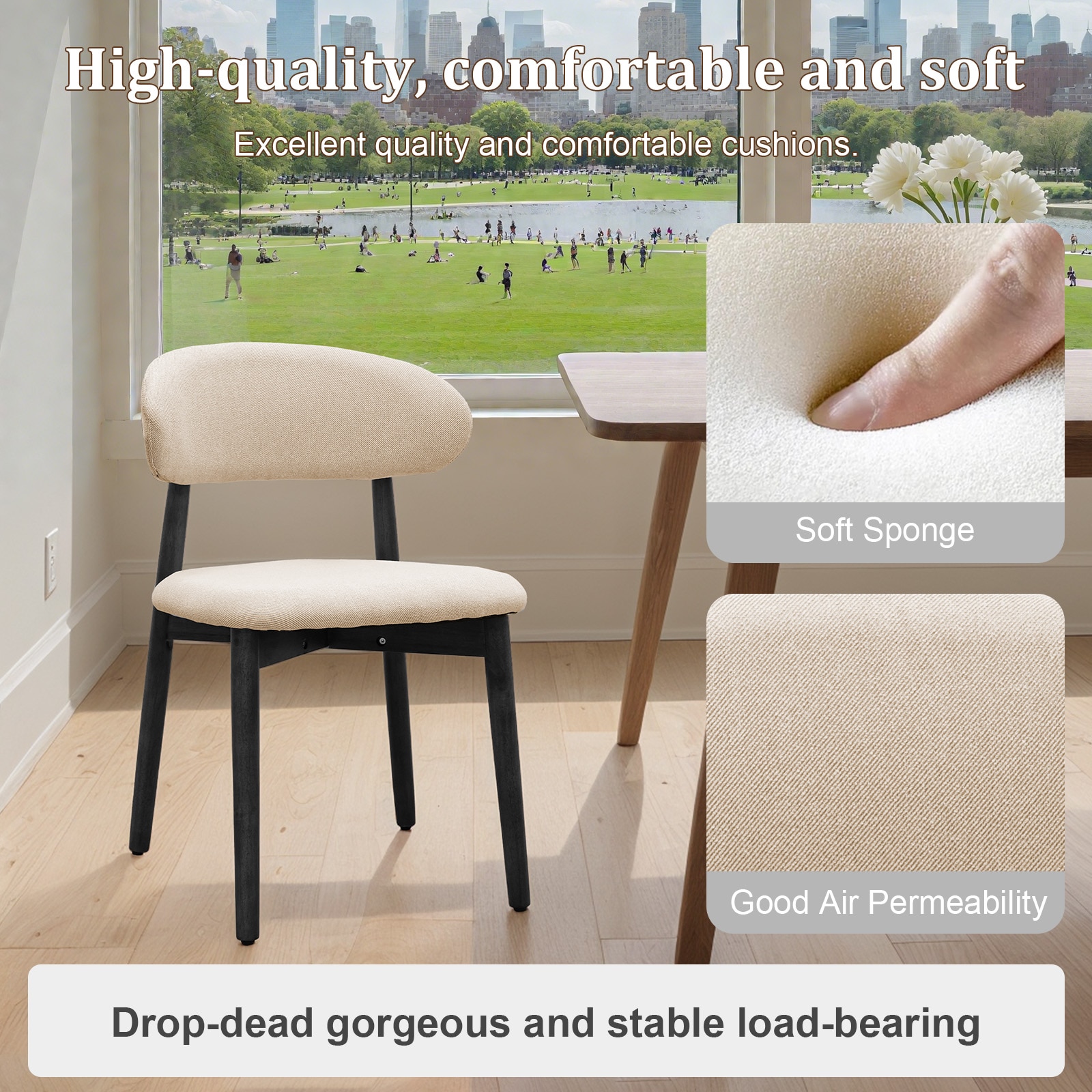 Beige Cotton-Linen Fabric Upholstered Dining Chair With Black Solid Wood Legs, Armless Chair Set Of 4 For Kitchen, Restaurant, Living, Meeting Room_maomaolike.com